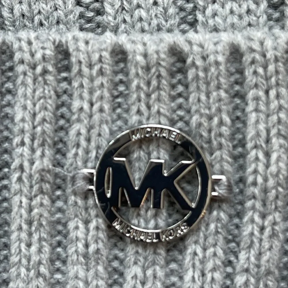 Michael Kors Light Gray Pom Pom Beanie Ribbed Knit Women's Hat NWT